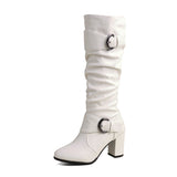 thanksgiving outfit Dodobye Classic Women Knee High Boots Round Toe Block Heels 7.5cm 51 52 Pleated Fashion Booties