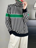 christmas outfit Dodobye Long Sleeves Loose Contrast Color Houndstooth Split-Joint High Neck Pullovers Sweater Tops