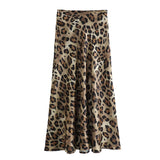 Dodobye 2024 Vintage Women's Leopard Print Satin Skirt Female Summer High Waist Midi Skirt Woman Fashion Elegant Long Skirts