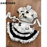 Dodobye Cute Girl New Chinese Panda Print Tops High Waist Slimming Fluffy Cake Skirts Maid Apron Sweet Sets Кастюмы Для Женщин