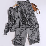 Dodobye Jacquard Knit Long Sleeved Zipper Hooded Cardigan And Elastic High Waist Wide Leg Pants Printed Street 2 Piece Set Women Outfit