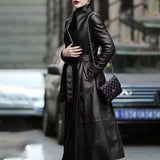 christmas outfit Dodobye Spring Long Black Soft Skirted Pu Leather Trench Coat for Women Sashes  Elegant Luxury Plus Size Clothes 5xl 6xl 7xl