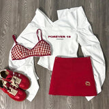 Dodobye Woman 90s Aesthetic Fashion 3 Piece Set Spicy Girls Plaid Bra + White Print Long Sleeve Tops + Red Y2k Mini Skirt Korean Style