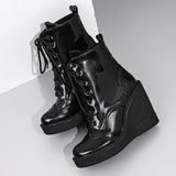 thanksgiving outfit Dodobye Women Ankle Boots Round Toe Wedges High Heel 12cm Platform 2.5cm Lace Up Short Bota Size 42 43 44