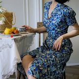 Dodobye Ultramarine Floral Pattern Vintage Dress That Secretly Blooms Quietly