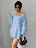 Black Friday Dodobye Casual Plush V-neck Long Sweaters Women Elegant Loose Solid Long Sleeve Pullover Sweater Female Winter Autumn Chic Daily Tops