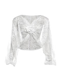 Dodobye V Neck Lace Slit Long Sleeve Blouse