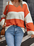 christmas outfit Dodobye Long Sleeves Loose Contrast Color Split-Joint Striped V-Neck Pullovers Sweater Tops