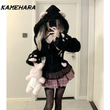 Dodobye Japanes Gothic Style Striped Hime Strap Lolita Ears Lamb Hair Coat Plush Plaid Inner Top Half Skirt Girl Socialite Sets