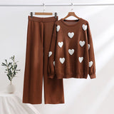 Dodobye Heart Printed Knitted Sweater Pants Sets Women Long Sleeve Oversize Pullover High Waist Wide Leg Trousers Suits 2 Pieces Outfits