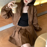 thanksgiving outfit Dodobye 2024 Autumn New Sensibility Maillard Brown Vintage Leather Jacket With Pleated Skirt Set Women Fashion Dress Set