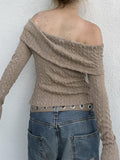 Dodobye-Solid Off Shoulder Slim Cable Knit Long Sleeve Knit