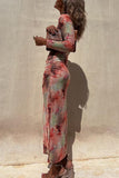 Dodobye-Stylish tie-dye mesh overlay printed long-sleeve ruffled stretch maxi dress