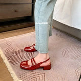 Dodobye Classic Red Mary Jeans Woman Patent Leather Med-High Heels Sandals Two Buckle Belt Strap Shoes Femme Slingback Lolita Footwear