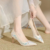 Dodobye 2025 Autumn New Thin Heel Single Shoes Women's Fashion Pointed Shallow Mouth Cloth Surface Embroidered Slip-on High Heels