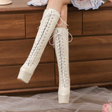 thanksgiving outfit Dodobye Sexy Female Knee High Boots Round Toe Ultrahigh Heels 15cm Platform Hill 6cm Lace Up Big Size 46 47 Party Bota