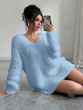 Black Friday Dodobye Casual Plush V-neck Long Sweaters Women Elegant Loose Solid Long Sleeve Pullover Sweater Female Winter Autumn Chic Daily Tops