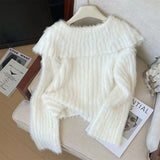 Black Friday Dodobye Faux Mink Cardigan Women White Single-Breasted Elegant Solid Basic Sweater Doll Collar Lazy Vertical Pit Stripes Knit Jumpers