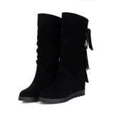 thanksgiving outfit Dodobye Women Knee boots Slouchy Increasing heel Wedge Platform Flock Tassels Round toe Slip on Spring Autumn big size 43  12