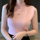 Black Friday Dodobye Solid Elegant Vest Women Fashion Blue Soft Elastic Half High Neck Sweater Office Lady Slim Korean Knitted Sleeveless Basic Tops