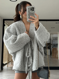 christmas outfit Dodobye 2025 New Solid Women's Lace Up Mohair Cardigan Coat Elegant V Neck Long Sleeve Loose Casual Jacket Spring Lady Fashion Outerwear