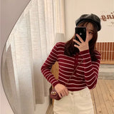 Dodobye 2024 Autumn Winter Women T-shirts Elegant Stripes Knitted Tees Buttoned Up Long Sleeve Slim Women Knitted T-shirts