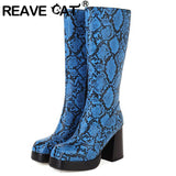 thanksgiving outfit Dodobye Platform Mid-Calf Boots Toe Chunky Heels Snakeskin Leather Big Size 32-48 Blue S2753