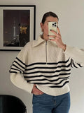 Black Friday Dodobye Casual Knitted Zipper Striped Sweaters Women Loose Solid Lapel Long Sleeve Sweater Jacket Female Autumn Versatile Daily Outwear