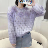 Black Friday Dodobye Sweet Flowers Sweater Women Pink Beaded Hollow Out Loose O-Neck Knitted Jumpers Fashion Spring Fall Long-Sleeved Lazy Pretty Top