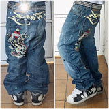 Dodobye 90s Streetwear Gothic Hip Hop Skull Embroidery Jeans for Men Casual Y2k High Waist Wide Leg Baggy Jeans Retro Straight Denim Pants Streetwear