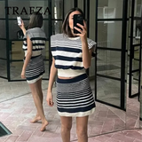 thanksgiving outfit Dodobye 2024 Spring Summer Casual Knitted Striped Women Suit Fashion Vintage O Neck Sleeveless Short Tops+Chic Short Pencil Skirt