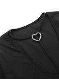 Dodobye-Solid Plunge Heart Buckle Decor Long Sleeve Bodysuit