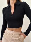 Dodobye-Solid Color Splice Zipper Lapel Neck Long Sleeve Knit