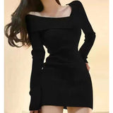 Black Friday Dodobye Knitted Dress Women Autumn Winter Long Sleeved Sexy Off Shoulder Stretch Sweater Solid Elegant Skinny Chic Korean Lady Dress