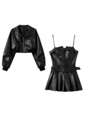 Dodobye Y2K Black Dress Set Women Casual High Street PU Coat + Elegant Party Y2k Mini Dress Korean Fashion Leather Suit 2025 Spring Chic