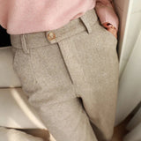 Dodobye Woolen Pants Women Harem Pencil Pants Spring High Waist Pockets Suit Pants Office Lady Striped Zipper Trousers