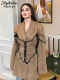 thanksgiving outfit Dodobye Elegant England Panelled Dress Women Lace Up Lapel Full Sleeves Empire Mini Dresses Female 2024 Autumn Commute Lady Robes