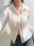 Dodobye-Ruffle Trim Sheer Mesh Long Sleeve Blouse