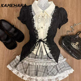 Dodobye College Style Sweet Witch Black Waist Cinching Fake Two-piece Shirt Gray Patchwork Lace Plaid Short Skirt Sets Платье