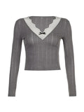 Dodobye-Lace Trim Splice V Neck Long Sleeve Knit