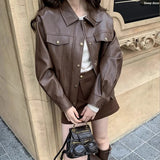 thanksgiving outfit Dodobye 2024 New Style Loose Fit Slimming Petite Jacket Brown Lapel Leather Women's Autumn Vintage Direct From Manufacturer