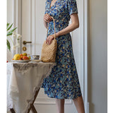 Dodobye Ultramarine Floral Pattern Vintage Dress That Secretly Blooms Quietly