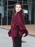 christmas outfit Dodobye 2025 Burgundy Elegant Lace Up Faux Fur Cuffs Woolen Coat New Women's Fashion Long Sleeve Lapel Jacket Temperament Ladies Outwear