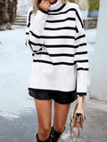 christmas outfit Dodobye Long Sleeves Loose Contrast Color Split-Side Striped High Neck Pullovers Sweater Tops