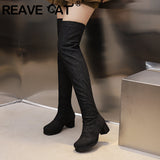 thanksgiving outfit Dodobye Women  Thigh Boots Round Toe Block Heel 5cm Platform 46 47 48 Sexy Party Female Stretch Booties