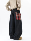 Dodobye 90s Streetwear New American Style Splicing Plaid Washed Cargo Pants Women Retro Wide Leg High Waisted Baggy Jeans Women Hip Hop Denim Pants