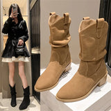 Dodobye Suede pleated autumn thick heel plus medium heel long leg fashion boots 2025  retro but knee pile boots for women