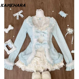 Dodobye Small Fresh Age Reducing Lace Splicing Cardigan Bow Strap Bottom Shirt Small High Waist Short Skirt 3-Piece Set Платье