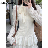 Dodobye Spring Little Fragrant Bow Gentle Long Sleeve Lace Hollow Waist Blouses Original Su Style Retro Women Blouse Corset Top