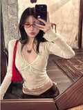 Dodobye 2025 Coquette Aesthetic Mesh T Shirts Women Vintage V Neck Lace Bow Cropped Tops Y2k Sexy Slim Fit Long Sleeve Tee Shirts